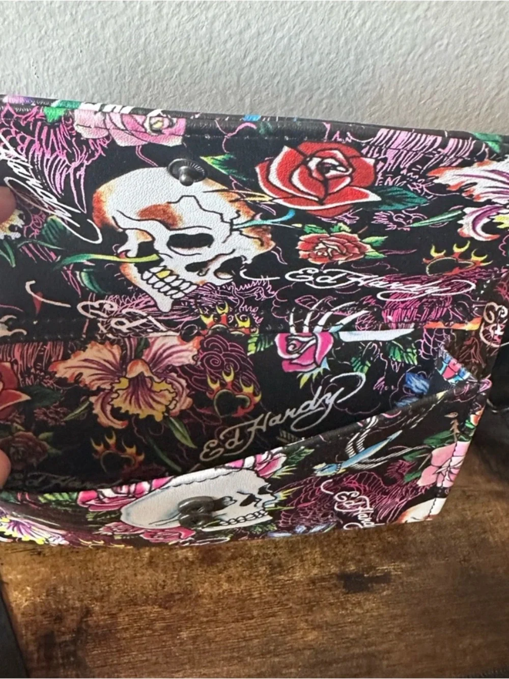 Ed Hardy Black Multicolor Tattoo-Print Crossbody Wristlet
